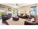 Spacious living area with leather furniture, a fireplace, and windows offering outdoor views at 12088 Everwood Cir, Noblesville, IN 46060