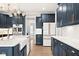 A stylish blue kitchen featuring stainless steel appliances, a farmhouse sink, and a spacious layout at 14872 Autumn View Way, Fishers, IN 46037