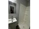 Bathroom featuring a single sink vanity, mirror, and walk-in shower at 2115 N Leland Ave, Indianapolis, IN 46218