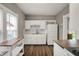 Bright kitchen featuring white cabinets, updated appliances, and an island with butcher block top at 221 N Munsie St, Indianapolis, IN 46229