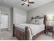 Comfortable bedroom featuring a wooden bed frame, neutral bedding, and a view of the room's closet and door at 2798 W High Grove Cir, Zionsville, IN 46077