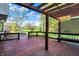 Deck with built-in bench and string lights offers views of backyard with a fire pit and lush greenery at 4606 Sundance Trl, Indianapolis, IN 46239
