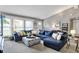 Comfortable living room featuring a sectional couch and an ottoman on soft carpet at 6826 Hague Rd, Indianapolis, IN 46256