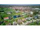 Expansive aerial view of a quiet neighborhood featuring manicured lawns, mature trees and a community pond at 7634 Pennycroft Dr, Indianapolis, IN 46236