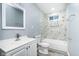 Updated bathroom featuring marble-look shower walls, a rectangular mirror, and a white vanity at 838 N Tacoma Ave, Indianapolis, IN 46201