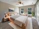 Bright bedroom featuring a ceiling fan, neutral walls, area rug, and two windows providing natural light at 10376 Alice Ct, Fishers, IN 46038