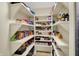 Walk-in pantry featuring built-in shelves and ample storage space for food and kitchen items at 13682 Frenchmans Creek, Carmel, IN 46032