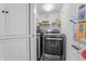 Efficient laundry room with modern washer and dryer, complemented by ample shelving for organized storage at 226 N Cleveland St # 226C, Indianapolis, IN 46204