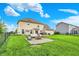 Landscaped backyard with a fire pit, outdoor seating area, lush green lawn, and outdoor patio at 5595 Auburndale Dr, Bargersville, IN 46106