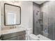 Contemporary bathroom with grey tiled shower and vessel sink at 8083 Easton Ln, Zionsville, IN 46077