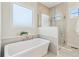 Bright bathroom with a luxurious soaking tub and glass-enclosed shower near a frosted window at 8083 Easton Ln, Zionsville, IN 46077