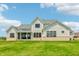 Rear exterior view of home features light gray facade, covered patio and abundant greenspace at 8083 Easton Ln, Zionsville, IN 46077