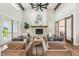 Well-lit living room featuring a stone fireplace, high ceilings, and hardwood floors at 8083 Easton Ln, Zionsville, IN 46077