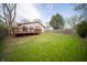 Enjoy this spacious backyard featuring a wooden deck, privacy fence, and mature trees to provide ample shade at 9143 Warwick Rd, Indianapolis, IN 46240