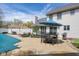 Spacious backyard with covered pool, patio set, and landscaped garden adjacent to the house at 933 Hummingbird Ln, Columbus, IN 47203