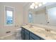 Bathroom with a double sink vanity, large mirror, and toilet beside the vanity at 950 Nevelle Ln, Carmel, IN 46032