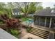 Aerial view of backyard featuring a covered porch, fire pit and outdoor spa pool at 961 Parkside Dr, Columbus, IN 47203
