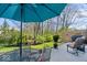 Outdoor patio with umbrella-covered table and chairs, and view of landscaped yard at 11264 Fonthill Dr, Indianapolis, IN 46236