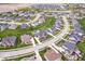 Aerial shot displays neighborhood homes with lush lawns, some featuring pools and water views at 1352 Trifecta Way, Westfield, IN 46074