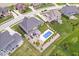 Aerial shot showcases a backyard pool, patio area, and manicured lawn at 1352 Trifecta Way, Westfield, IN 46074