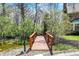 Picturesque wooden bridge over a tranquil pond, surrounded by lush greenery, suggesting a peaceful retreat at 13587 Kensington Pl, Carmel, IN 46032