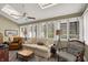 Sun-filled living room with skylights, a ceiling fan, and neutral decor at 13587 Kensington Pl, Carmel, IN 46032