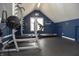 Well-equipped home gym with a treadmill and weight rack set against blue walls, creating a fitness haven at 13948 Silver Stream Dr, Carmel, IN 46032