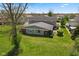 Aerial view of the backyard features a lush green lawn, a charming patio, and beautiful landscaping, perfect for outdoor living at 4464 Four Seasons Cir, Indianapolis, IN 46226