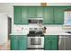 Updated kitchen features stainless steel appliances, subway tile backsplash and green cabinetry at 4622 W 400 S, Trafalgar, IN 46181