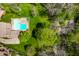 Aerial view of a backyard with a refreshing pool, surrounded by mature trees at 4731 Moss Creek Ct, Indianapolis, IN 46237