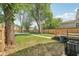 Beautiful backyard with a wooden deck, a wooden fence, mature trees, and a well-maintained lawn at 625 N Temple Ave, Indianapolis, IN 46201