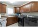 Well-equipped laundry room with washer, dryer, ample cabinets, and utility sink at 6472 Independence Ct, Pendleton, IN 46064
