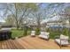 A wooden deck in a spacious backyard that is shaded by mature trees, perfect for outdoor relaxation at 7656 Madden Ln, Fishers, IN 46038