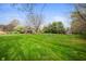 Expansive backyard featuring lush green lawn, mature trees, play equipment, and charming shed at 1122 Mill Run Dr, Noblesville, IN 46062