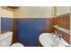 Bathroom with wood paneling and blue paint and a white sink and toilet at 122 S 3Rd Ave, Beech Grove, IN 46107