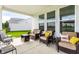 The home's back porch features comfortable seating, a coffee table, and views of the backyard at 1242 Petit Verdot Dr, Westfield, IN 46074