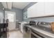 Clean laundry room with stainless steel washer and dryer and a utility sink and storage at 14491 Jeremy Dr, Carmel, IN 46033