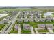 Aerial view of a neighborhood highlighting diverse home styles, landscaped yards, and proximity to a tranquil pond at 1979 Lunenburg Dr, Westfield, IN 46074