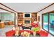Cozy living room with stone fireplace, built-in shelving, comfortable seating, and access to an office space at 2011 Pin Oak Ct, Indianapolis, IN 46260