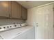 Functional laundry room with standard washer and dryer, storage cabinets, and clean white walls at 6075 Bristlecone Dr, Fishers, IN 46038