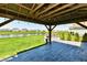 Covered patio with a view of the backyard, a pond, and surrounding houses at 8163 Dewberry Ln, Pendleton, IN 46064