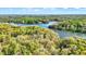 Aerial view of a scenic lake winding through a vibrant green forest under a blue sky with clouds at 8191 S Bayview Ct, Trafalgar, IN 46181