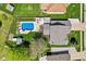 A bird's eye view shows the home's layout, in-ground pool, shed, and well-manicured lawn at 272 Van Buren St, Greenfield, IN 46140