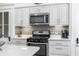 Close up of a kitchen with white cabinets, stainless steel appliances, and gray backsplash at 3515 Guilford Ave, Indianapolis, IN 46205