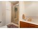 Bathroom showcasing a separate shower, a soaking tub, and vanity with mirror at 419 Old Glory Dr, Greenfield, IN 46140