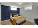 Cozy bedroom with blue accent wall, white bedding, wood floors, and window at 4260 Springwood Trl, Indianapolis, IN 46228