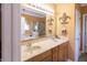 Bathroom featuring double sinks with an ornate mirror and decor, plus a walk-in shower at 5251 Ladywood Bluff Pl, Indianapolis, IN 46226