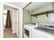 A functional laundry room with modern washer and dryer, shelving, and easy access to the backyard at 5855 La Fleur Ct, Indianapolis, IN 46237