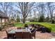 Beautiful backyard patio with outdoor seating, lush greenery, and mature trees at 7845 Allisonville Rd, Indianapolis, IN 46250
