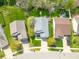 An aerial shot showcases the property's roof, driveway, landscaping, and neighborhood, offering a comprehensive perspective at 853 Westpointe Dr, Shelbyville, IN 46176